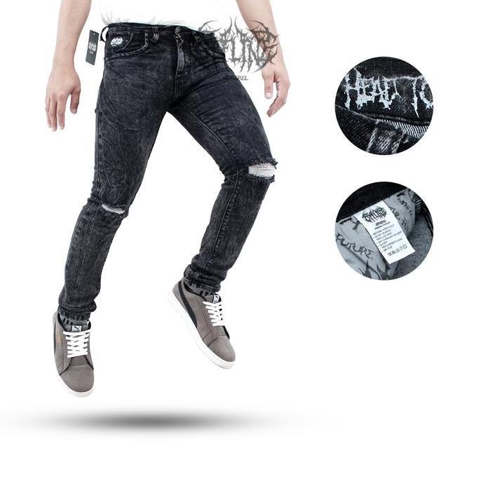 Mntp- Offline Celana Jeans Pria Sobek Lutut Slim Fit Distro Denim Straight / Grey Hitam Melar Panjan