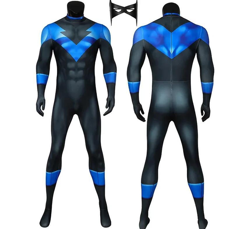 Nightwing Cosplay Costume Men Dick Grayson Zentai Mask 3D Print Nightwing Jumpsuit Mask Set Hallowee