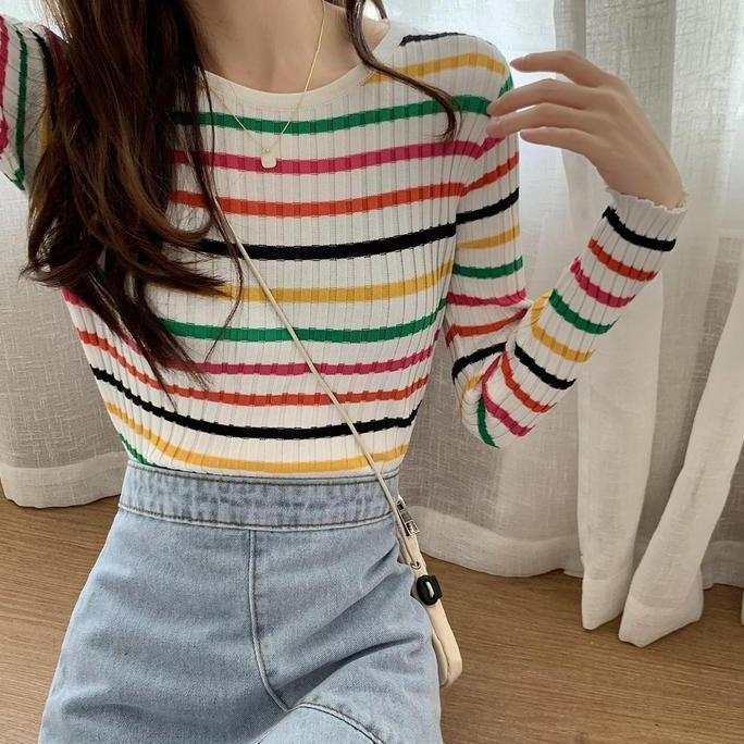 Good- AJWShop [ZU] Atasan Rajut Wanita Lengan Panjang Rainbow Style Cute Premium | Baju Rajut Lengan