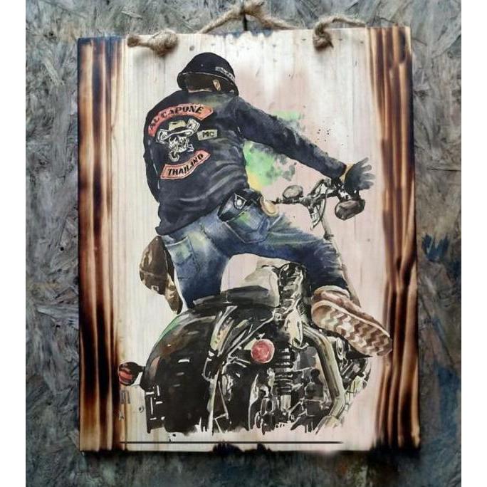 HARLEY DAVIDSON HIASAN DINDING LUKISAN KAYU CAFE RESTO