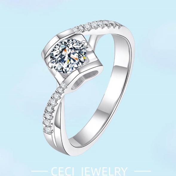 Cute- Cincin Kawin Perak Asli Anti Karat Emas Putih Wanita Berlian Cincin Couple Tunangan Kotak Grat