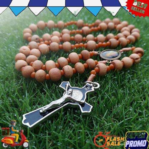 Kalung Rosario Cendana 77 Bapa Kami Kayu 8mm Katolik Aksesoris Souvenir Salib Pria Wanita Tali Murah