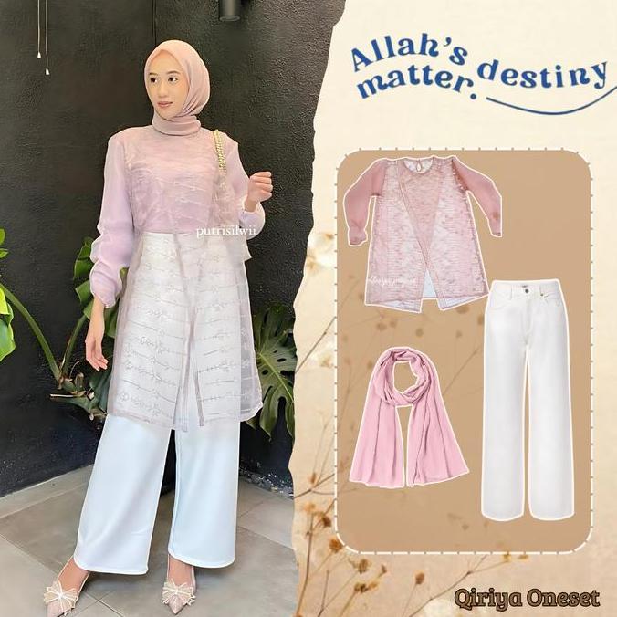 Qiriya Oneset Outfit Elegant Hijab Style OOTD Lebaran Hari Raya (Tunik Silang + Celana + Hijab)  Tun