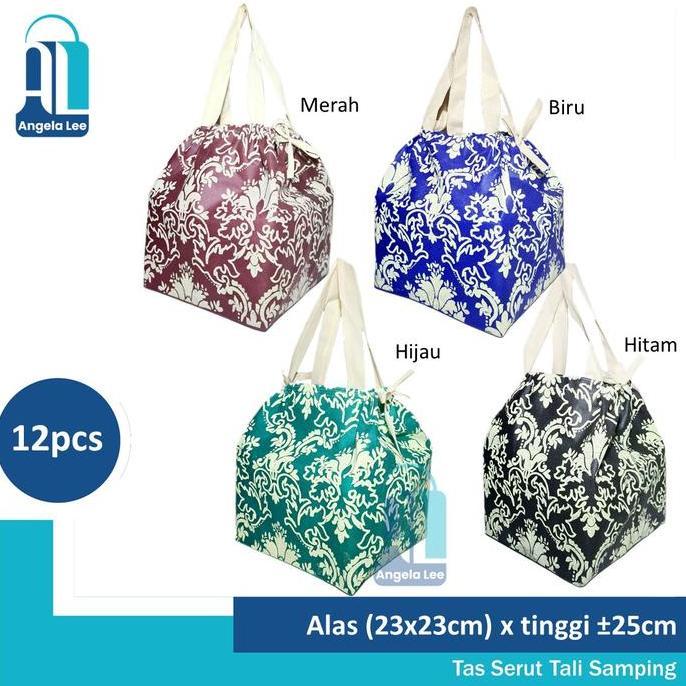 12pcs Tas Kain Serut Tali Samping Motif Batik muat 2box Nasi Kotak 22 syukuran acara