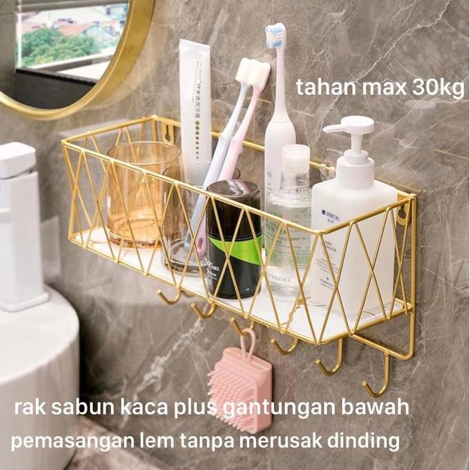 Rak Kamar Mandi SS304 Gold Alas Kaca Marble Putih Hitam / Rak Sabun Tembok Gold
