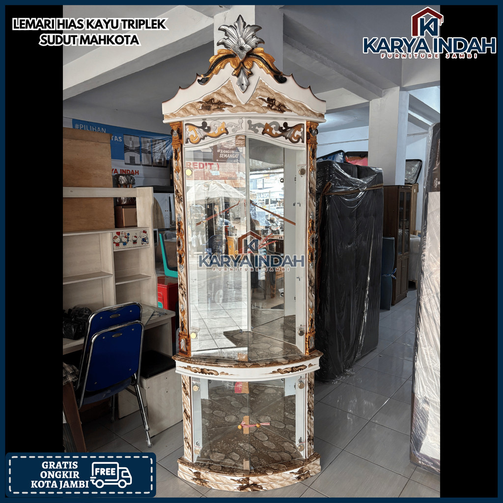 Lemari Hias Sudut Kaca Mahkota BUFET KRISTAL KAYU MULTIPLEK TRIPLEK PLYWOOD
