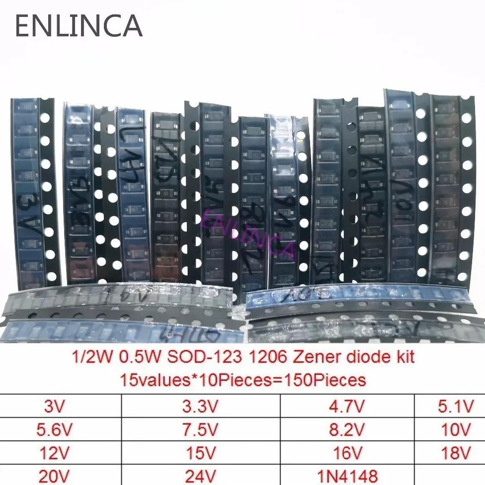 150Pieces 15 values Zener diode kit SOD-123 1206 SOD-323 0.5W Zener diode SMD package 15values*10pcs