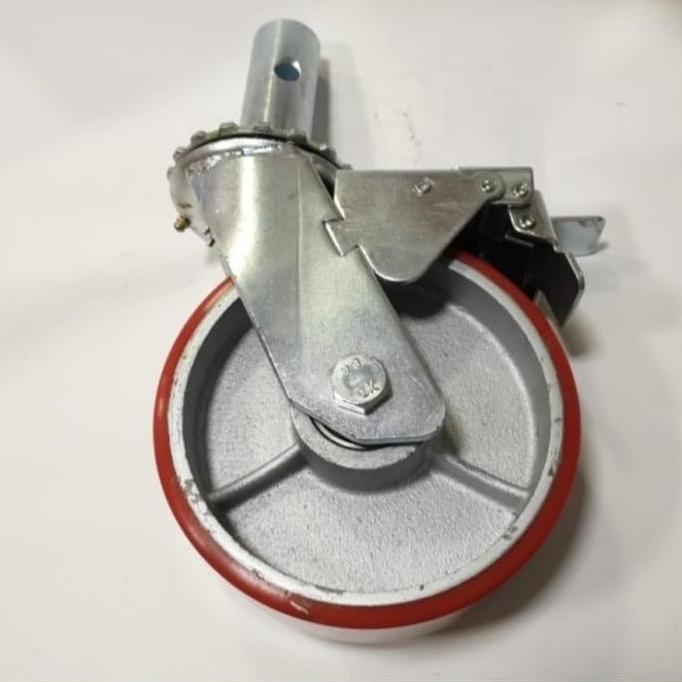 Roda PU merah besi cor steger / scaffolding 6 inchi Rem taiwan