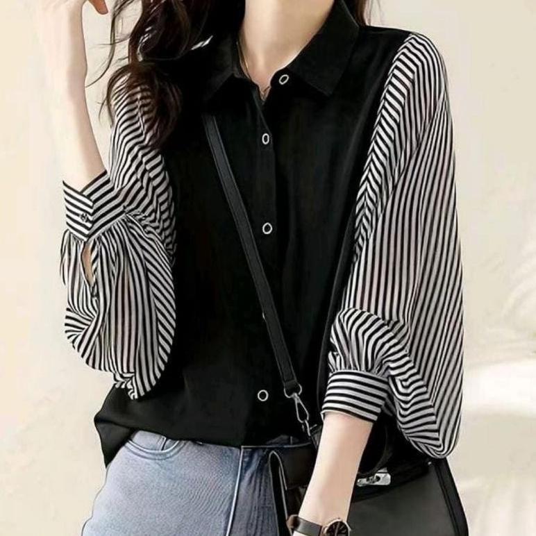 Laila kemeja rayon twill kombinasi salur atasan tangan balon Nyaman Wanita Simple Formal Putih