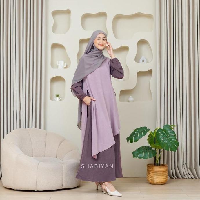 Shabiyan-456 Gamis Set Dress Muslimah Casual Outer Inner Dress Cardigan Lepas Pasang