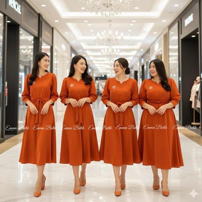 Emma.Butik E00549 Midi Dress Loma A-Gaun Casual Formal Pesta Gereja Wanita Elegan