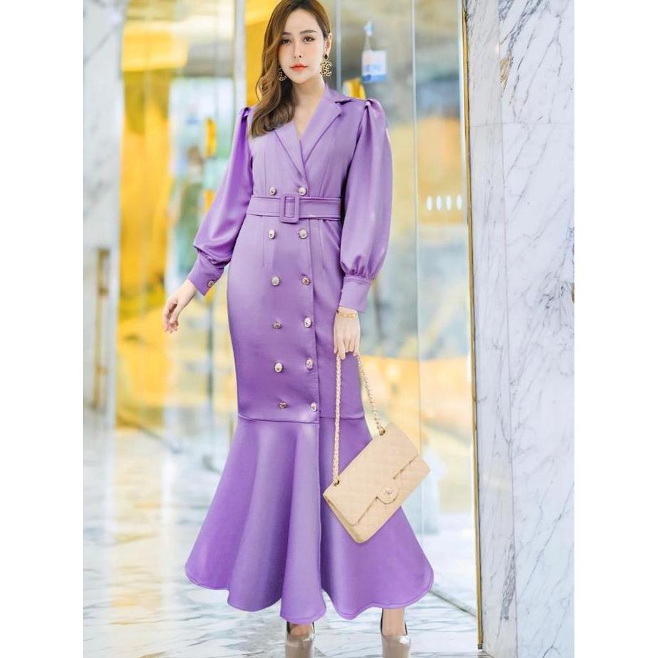 Joanne Fashion | Long Dress Wanita Casual Full Kancing Hidup Bahan Scuba Lembut Premium Lengan Panja