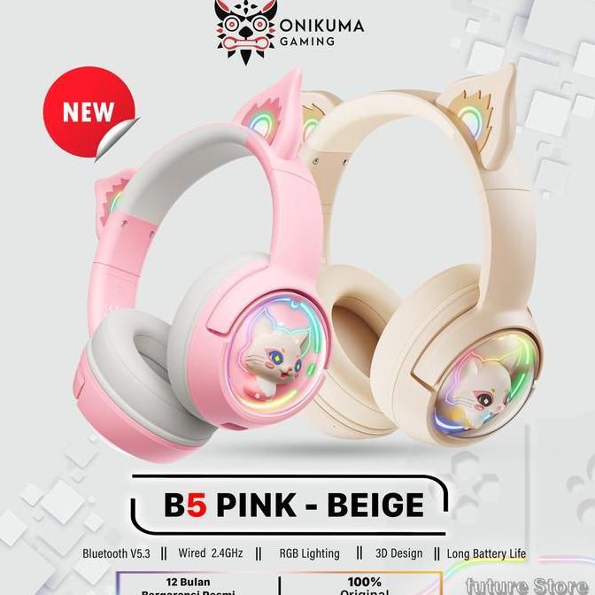 Onikuma B5 Headset Gaming Cat Ear Bluetooth-Bluetooth, Mic, Rgb, Gaming & Musik-Headset & Earbud Blu