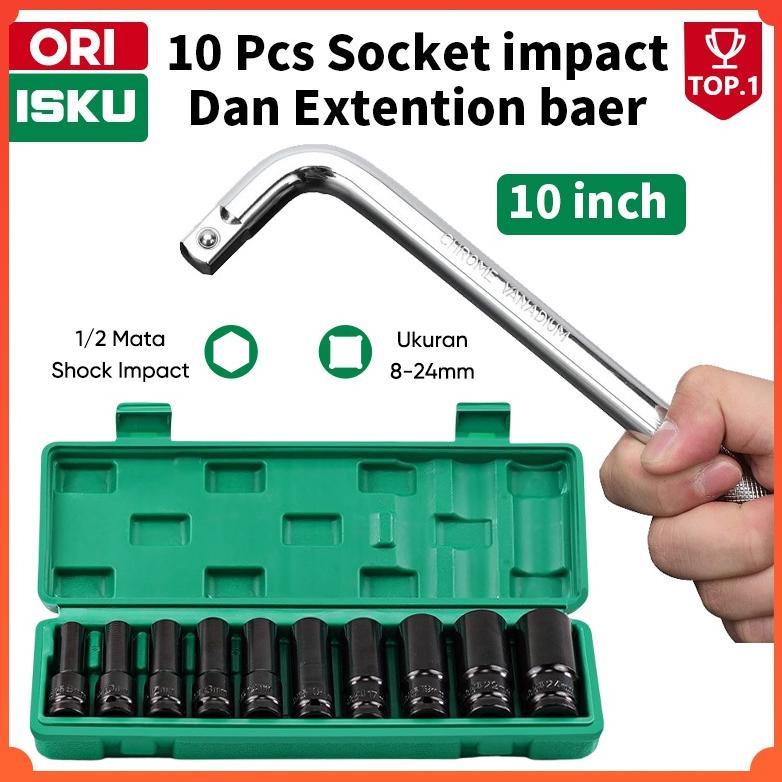 ISKU Kunci Socket  Impact  Mata Shock Impact Panjang 1/2 6pt 8-24mm Dan GaGang Sok L 10 Inch Kunci