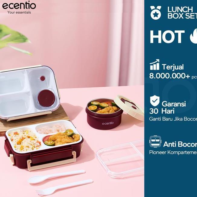 Ecentio Set Kotak Makan Bento Mangkuk Stainless 304 Lunch Box 3 Sekat Kotak Bulat Anti Bocor Tahan P