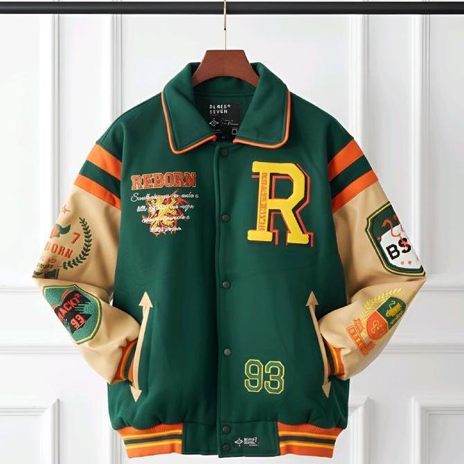 VARSITY JACKET BRITAIN REBORN GREEN CREAM | JAKET BASEBALL BORDIR ORIGINAL UNISEX Lembut Nyaman Pria
