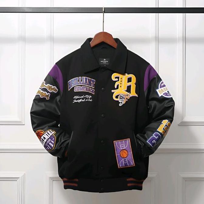 VARSITY JACKET BRILLIANT COMEBACK BLACK | JAKET BASKETBALL HITAM BASEBALL FULL BORDIR KULIT SINTETIS