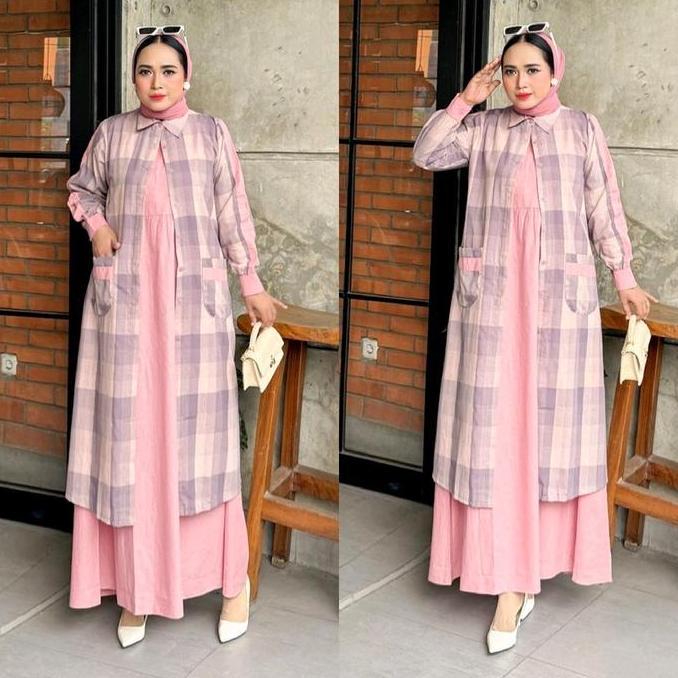 Bgs- Indah Fashion - Set Auter ( Fauzana ) Maxi Dress Katun Premium Wanita Set Outer Wanita Model Ke