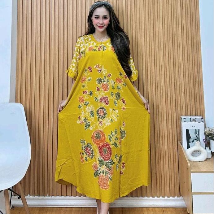 DASTER JUMBO NAURA BATIK CAP PEKALONGAN rayon adem busui Bumil Pendek Dress Motif Tidur Wanita Canti