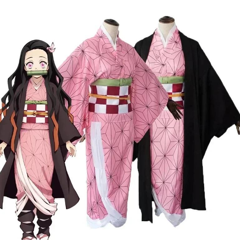 Anime Nezuko Cosplay Kamado Nezuko Cosplay Costume Nezuko Wig Uniform with Props for Adult Kids Hall