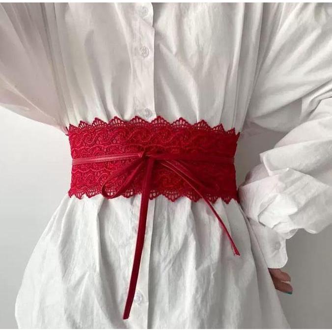 Ikat Pinggang Wanita Sabuk Lebar Belt Fashion Korea Obi Lebar Kulit Renda Black Pink