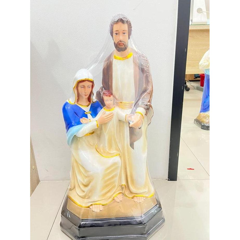 Patung Rohani Katolik Keluarga Kudus Duduk Yesus Yosef Bunda Maria Grey Yellow Coklat Biru 60cm
