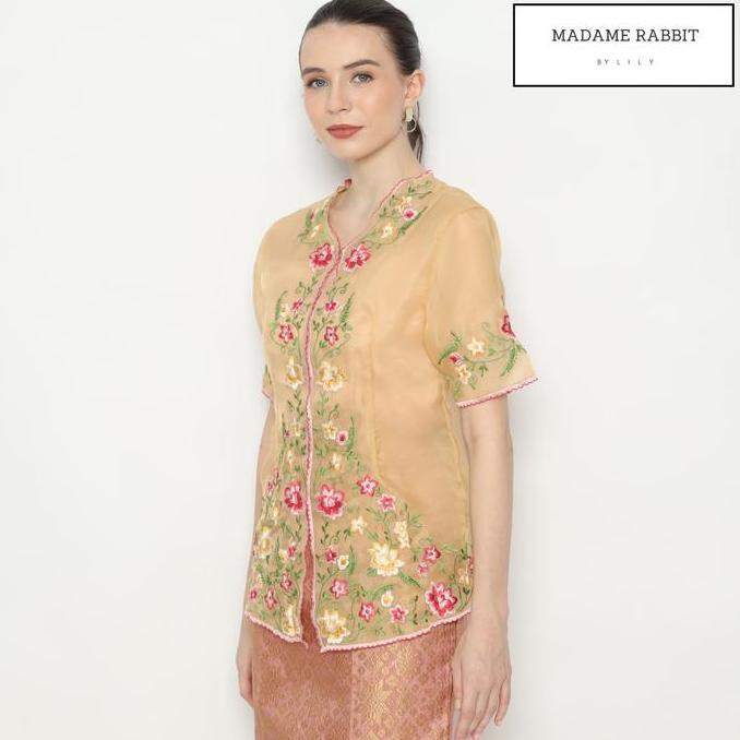 Kebaya Gold Madame Rabbit Lengan Pendek Bloomsday Organdi Baju Pesta Cantik Bordir Handmade  Kain Me