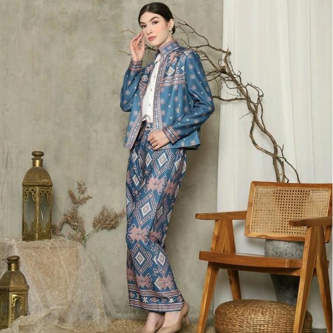 Setelan Batik Wanita Premium Setcel Blazer Batik Satin Songket One Set Lengan panjang Celana Kantor
