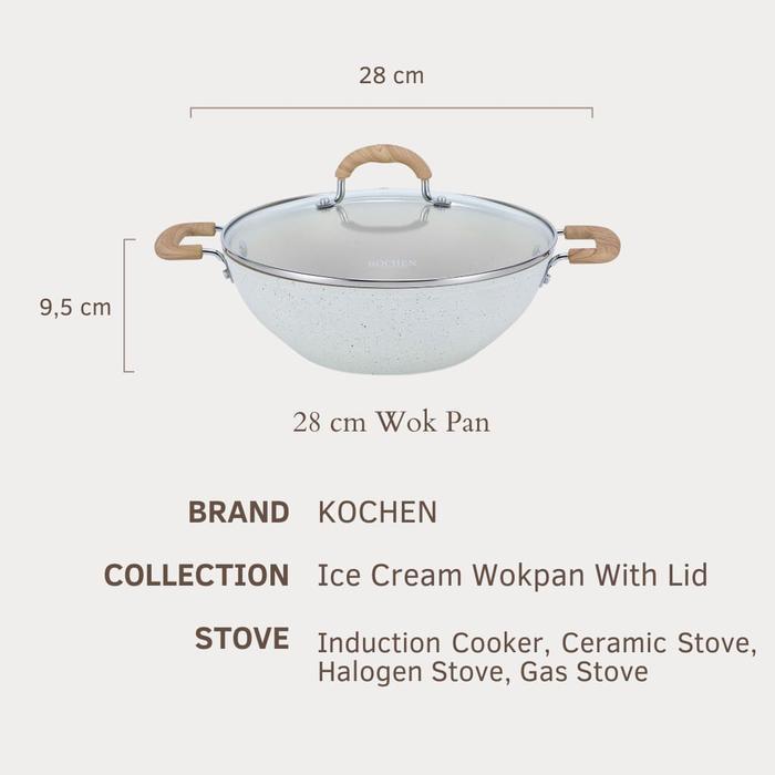 Kochen Panci Wajan Penggorengan Wokpan 28Cm Granit Free Tutup Anti Lengket Non-Stick Cream Kitchenwa