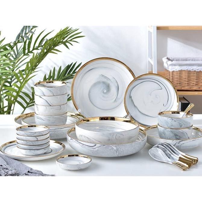 Gratong Piring Makan Marble Set 26Pcs Mangkok Pink