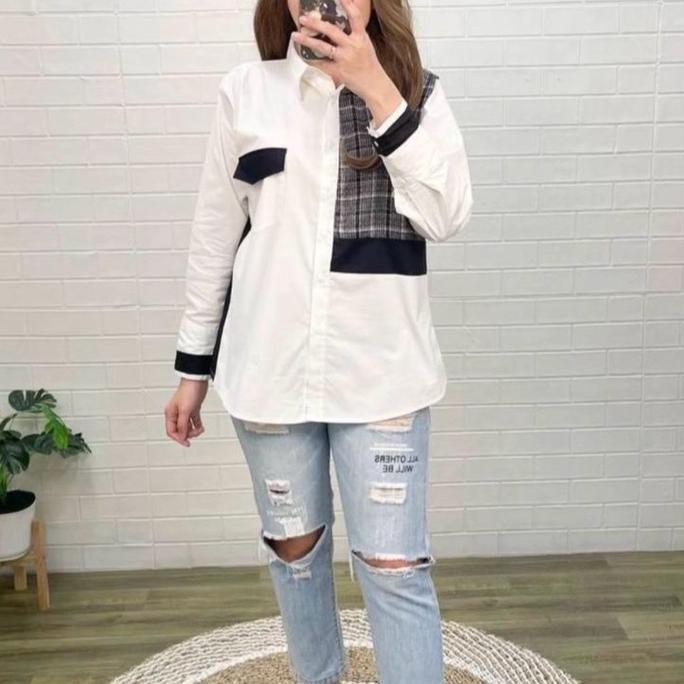 Kemeja Wanita Monochrome korean style untuk formal dan casual Batik Fit Kain Motif Nyaman Cantik Pan