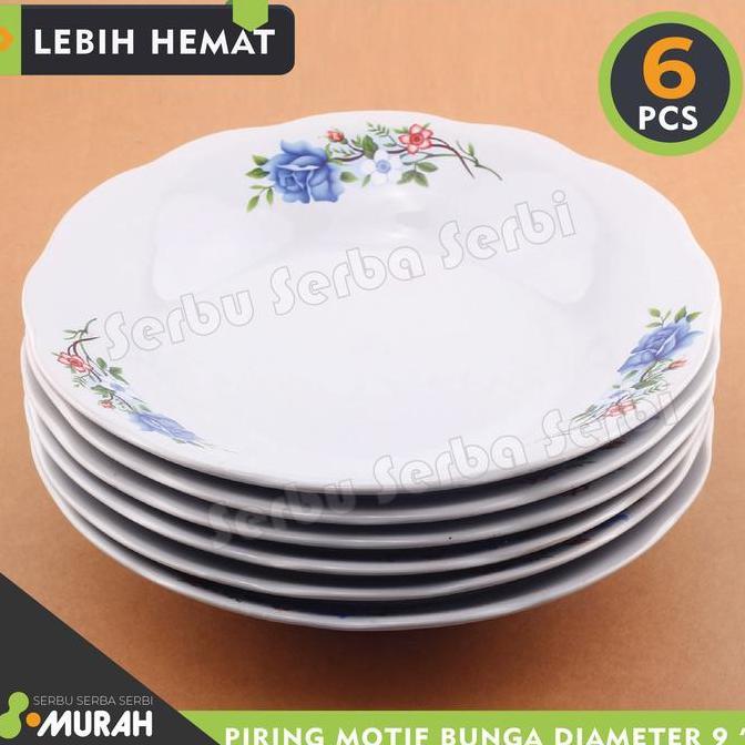 Murah  Serbu Murah - Set 6 Pcs - Piring Keramik Lucky Bunga Putih Ukuran 9"- Piring Cantik -  Piring