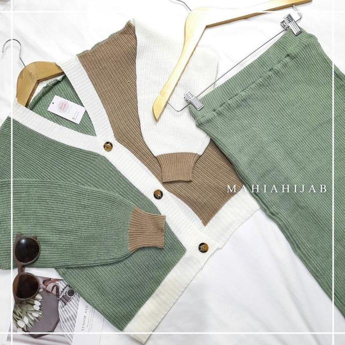 Girlfun- Yena One Set Cardigan 3Tone + Rok Rajut Span Setelan Wanita Baju Rajut Premium Rok Knit Dai