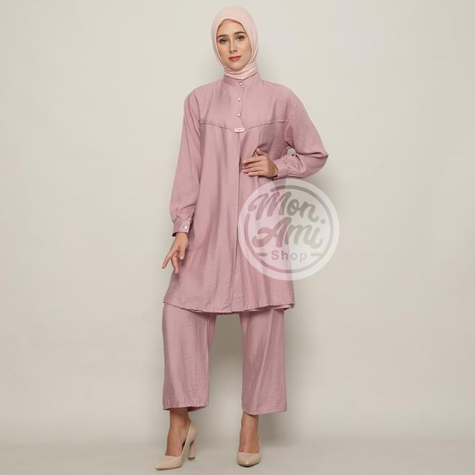 Newrelig- Azalea Setelan Celana Panjang Tunik Atasan Muslim Wanita Bahan Katun Turkish Linen Ld 110 