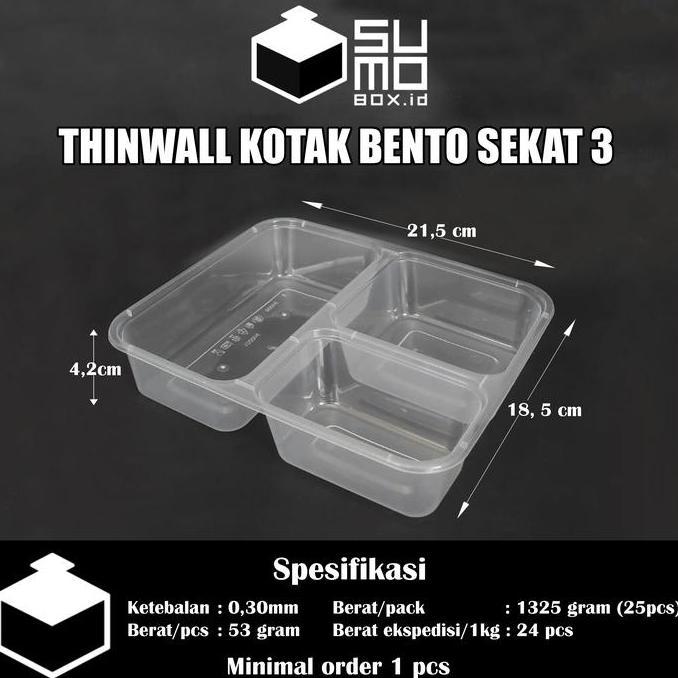 Baru- [1 Pak Isi 25 Pcs] Bento 3 Sekat + Tutup / Thinwall Bento Sekat / Box Kotak Nasi Plastik