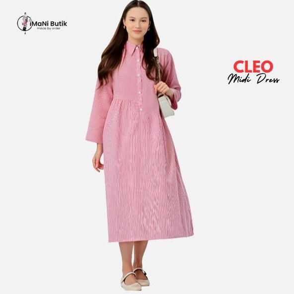 Ready Imani Butik Cleo Midi Dress Motif Salur A Line Kancing Katun Tunik Silk Gamis Kondangan Mewah 