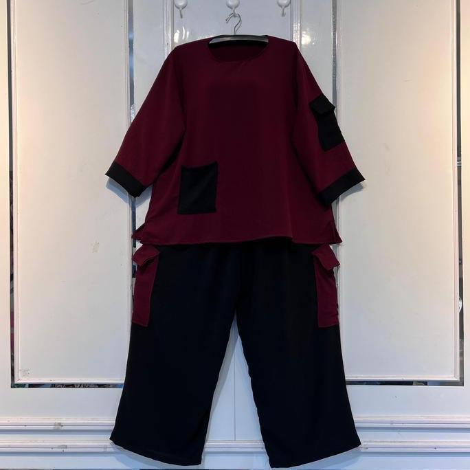 Ready ODESSA ONE SET CARGO LD 130CM | Setelan Celana Saku Kombinasi Wanita Jumbo Dewasa Crinkle Airf