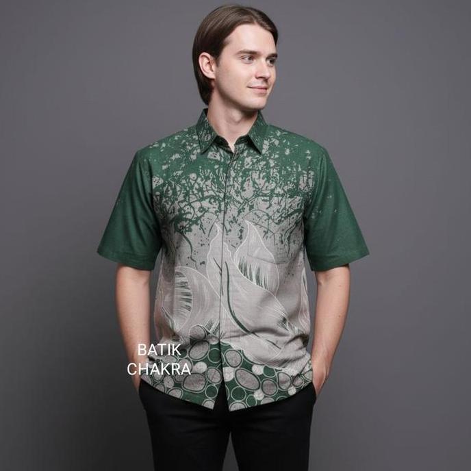Hem batik pria HIJAU BOTOL lengan pendek bahan katun lapis furing motif terbaru kt15