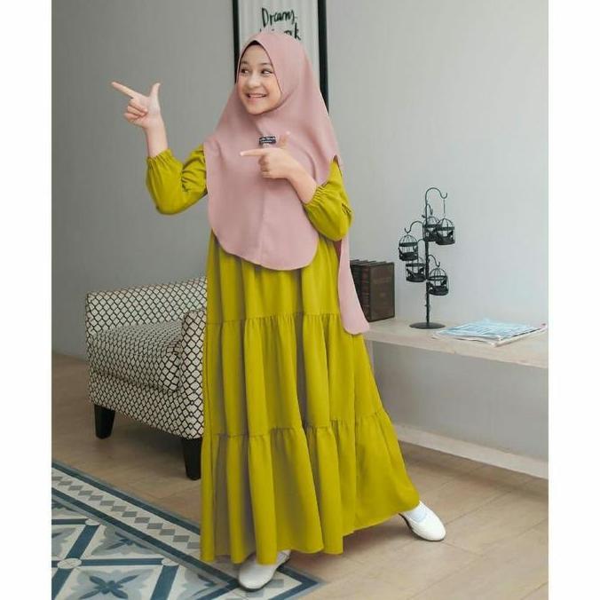 Kidsrelig- Dress Anak Perempuan Tanggung Syari Motif Polos Bahan Baju Katun Rayon Premium Usia 7-12 