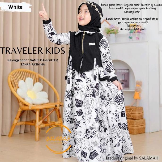 Kidsrelig- Gamis Anak Traveler Kids Non Pasmina | Plat Gold | Gamis Dan Outer | Usia 2 3 4 5 6 7 8 9