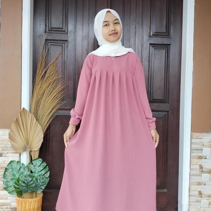Kidsrelig- Gamis Anak Perempuan Syari Tanggung Motif Polos Viral Terbaru Bahan Crinkle Airflow Premi