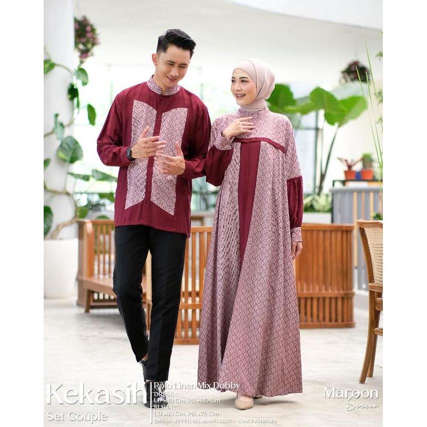 Kidsrelig- Kekasih Set Couple Dress Kurta Muslim Polo Linen Mix Dobby Motif Polos Gamis Koko Baju Ke