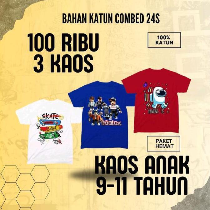 DV222 >> Kaos anak cewek cowok 9-12 tahun paket 3 pcs katun combed 24s Hitam Putih Polos