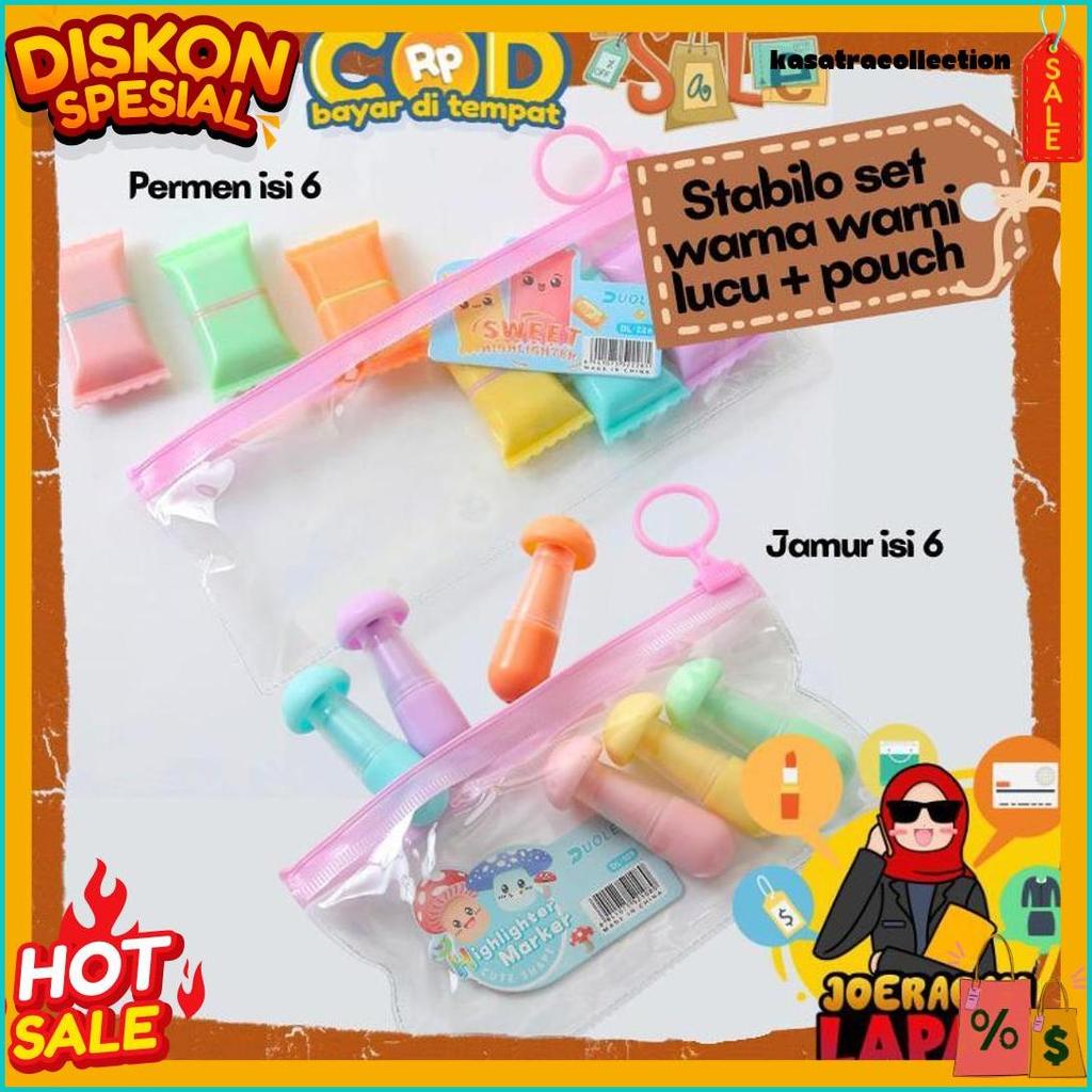[Joeragan Lapak] Stabilo Set Isi 6 Pcs + Pouch Bentuk Jamur Dan Permen Lucu Unik Spontliner 6Pcs Hig