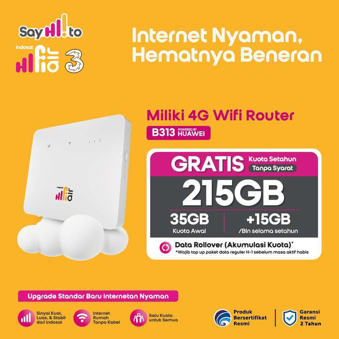Modem Wifi Indosat HiFi Air B313 Router 4G Free 215GB 1 Tahun Huawei LTE Cat 4 Unlock Garansi Resmi 