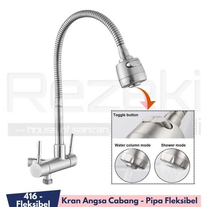Terlaris - Kran Angsa Cabang 2 Sus304-416 / Kran Cuci Piring / Pipa Fleksibel Air