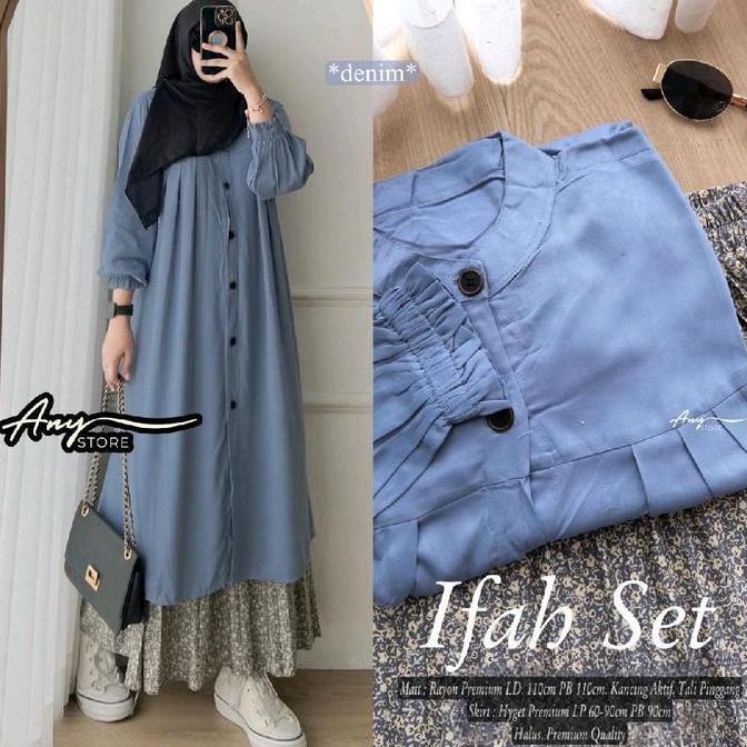 FREE ONGKIR IFAH ONE SET TUNIK DAN ROK BY A.N.Y STORE LONG TUNIK RAYON ROK PLISKET MOTIF BUNGA SKIRT