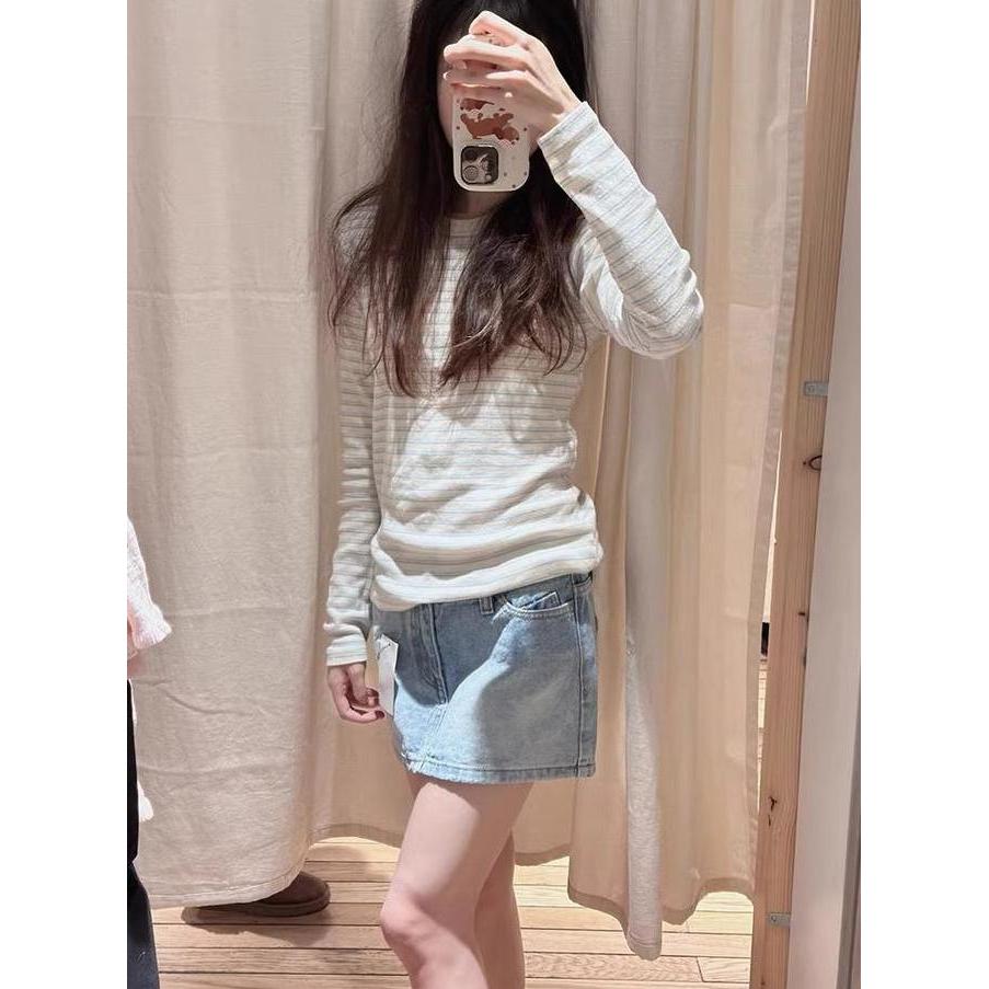 Cntikk- Kaos Lengan Panjang Bergaris Biru / Crop Top Y2K Wanita Kekinian