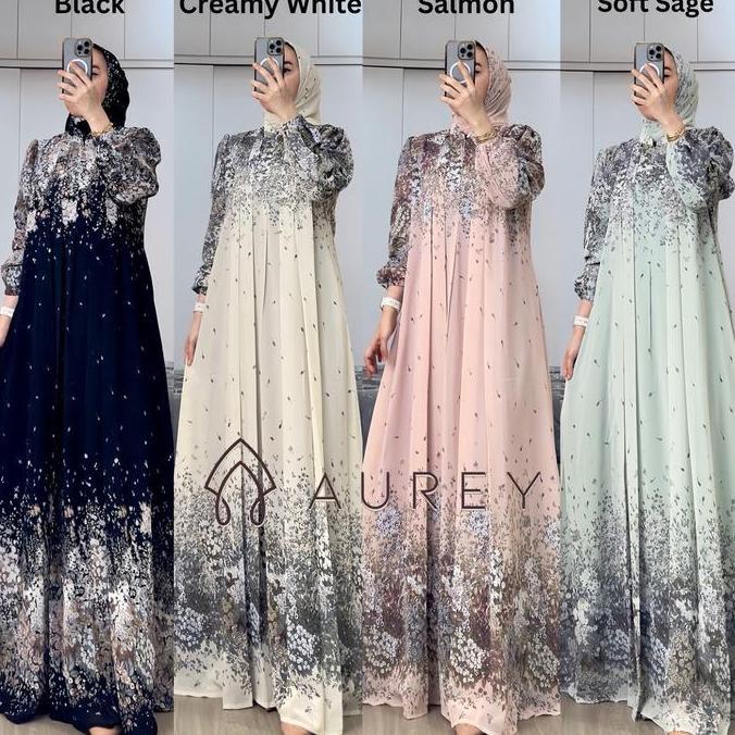BEST SELLER AUREY SET HIJAB AGISTA / GAMIS WANITA MOTIF GRADASI CERUTY HYGET FULL FURING / FREE HIJA