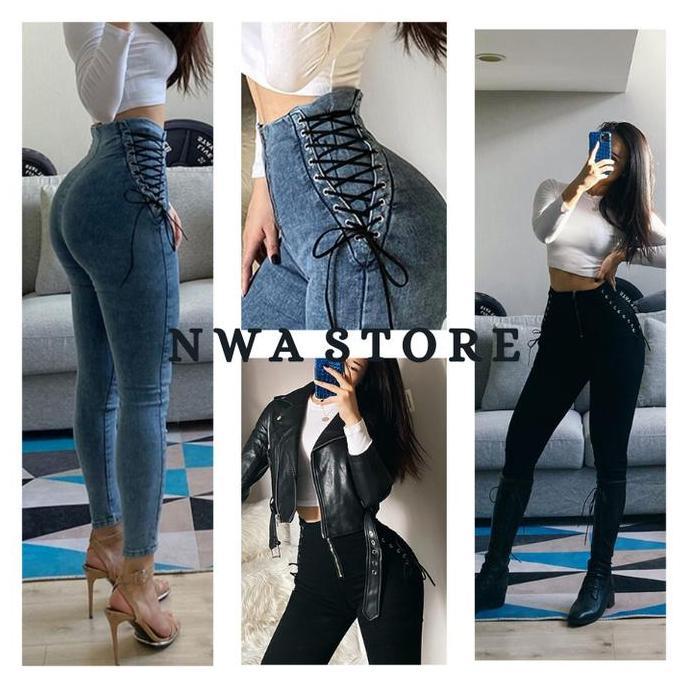 DISKON NWA - CELANA JEANS HIGHWAIST TALI SERUT KOREAN STYLE BAWAHAN FIT